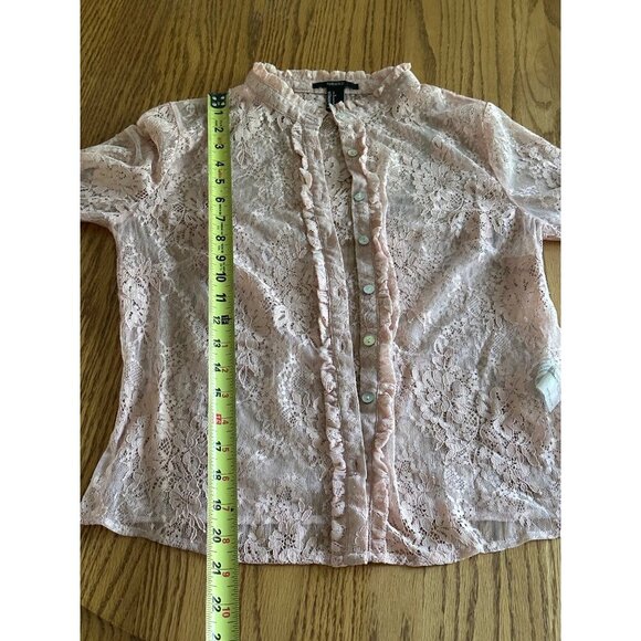 Forever 21 Women's Pink Sheer Lace Button-Up Blouse With Flared Sleeves - Picture 6 of 9